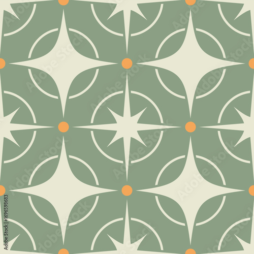 Elegant mid-century modern seamless pattern featuring geometric stars and atomic era motifs on a vintage-style background