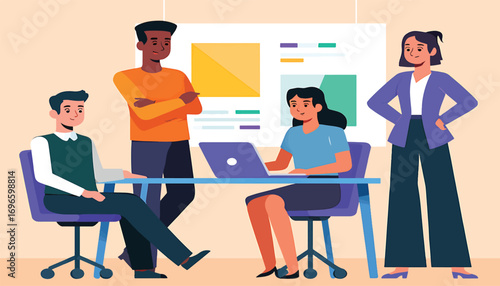 Flat vector illustration of a corporate business team meeting, collaborating on a new project