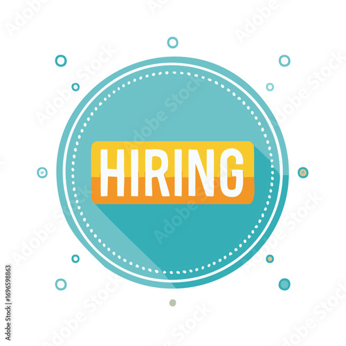 Hiring graphic with retro colors and circle element advertises open positions and potential employment for job seekers and applicants