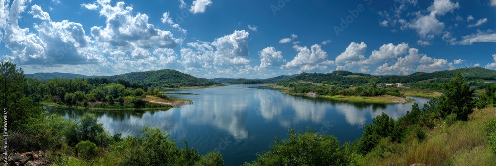 Fototapeta premium Oklahoma River Landscape: Scenic View of Blue Lake under Clear Summer Sky