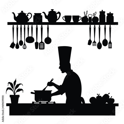 Chef silhouette stirring pot on stove with hanging utensils Keywords: chef, silhouette, cooking