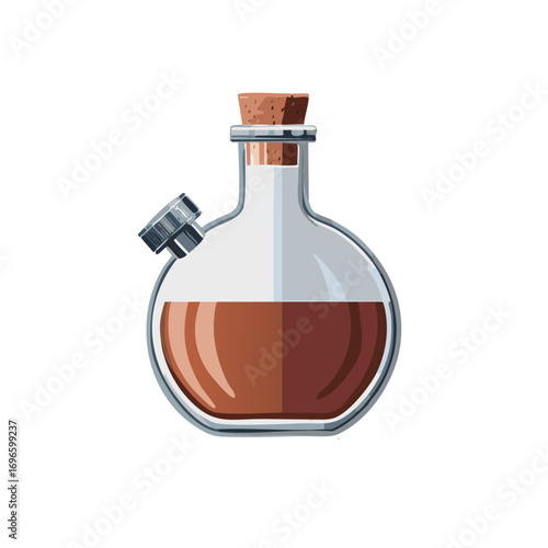 Round Glass Potion Bottle with Cork Stopper and Side Spout filled with amber liquid