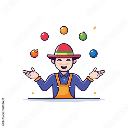 Cartoon Character Juggling Balls Wearing Hat and Overalls Cartoon Character showing dexterity skills of juggling skill performance and entertainment