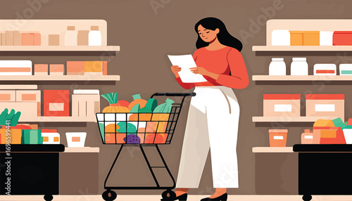 An illustrative depiction of a woman efficiently shopping for fresh groceries in a well-stocked supermarket aisle, checking her list for planned purchases