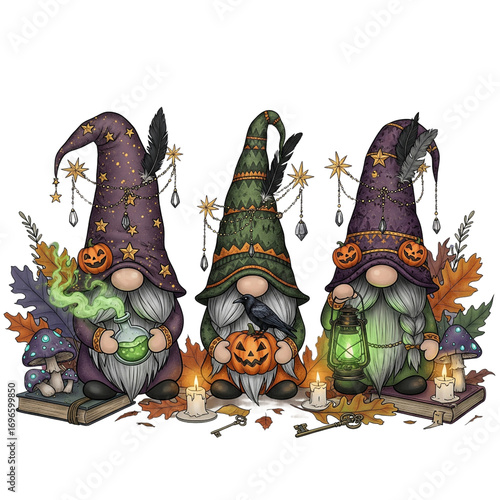 Three halloween gnomes with pumpkins and autumn leaves