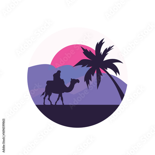 Man riding a camel logo shown with sunset sky view isolated white background. Best for badge, emblem and sticker design. vector illustration available in eps 10.