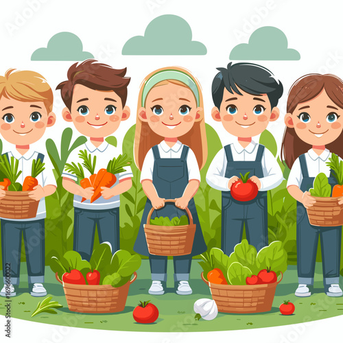 Eco Gatherers Children's school garden with baskets of vegetables. Vector illustration.