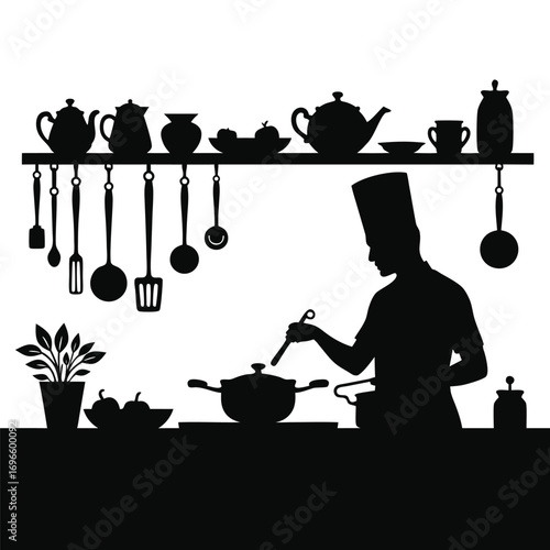 Chef silhouette stirring pot with kitchenware on shelf