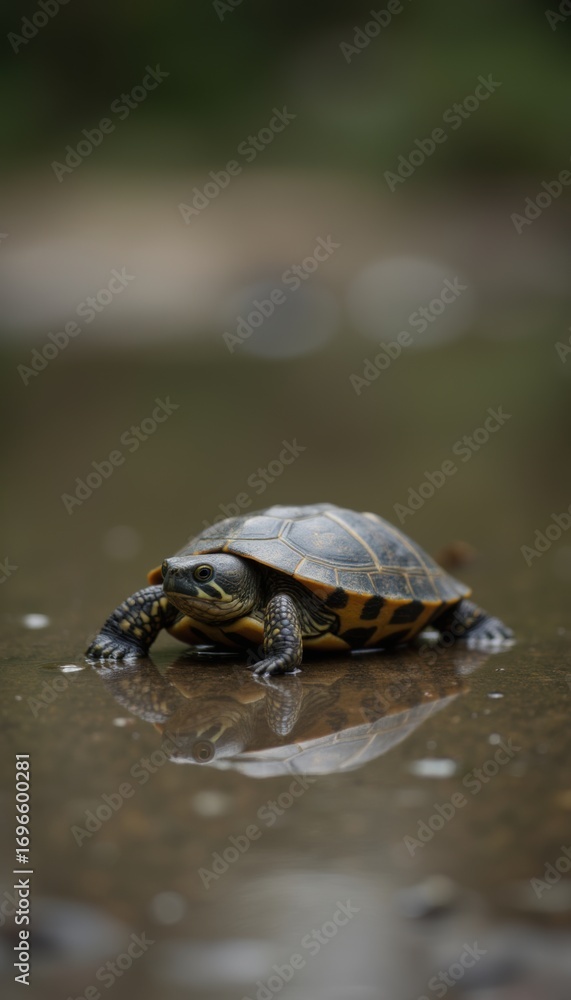 Fototapeta premium A Small Turtle Taking a Slow and Steady Journey Down a Forest Path