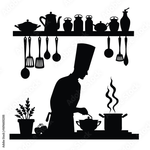 Chef silhouette stirring pot with steam in kitchen