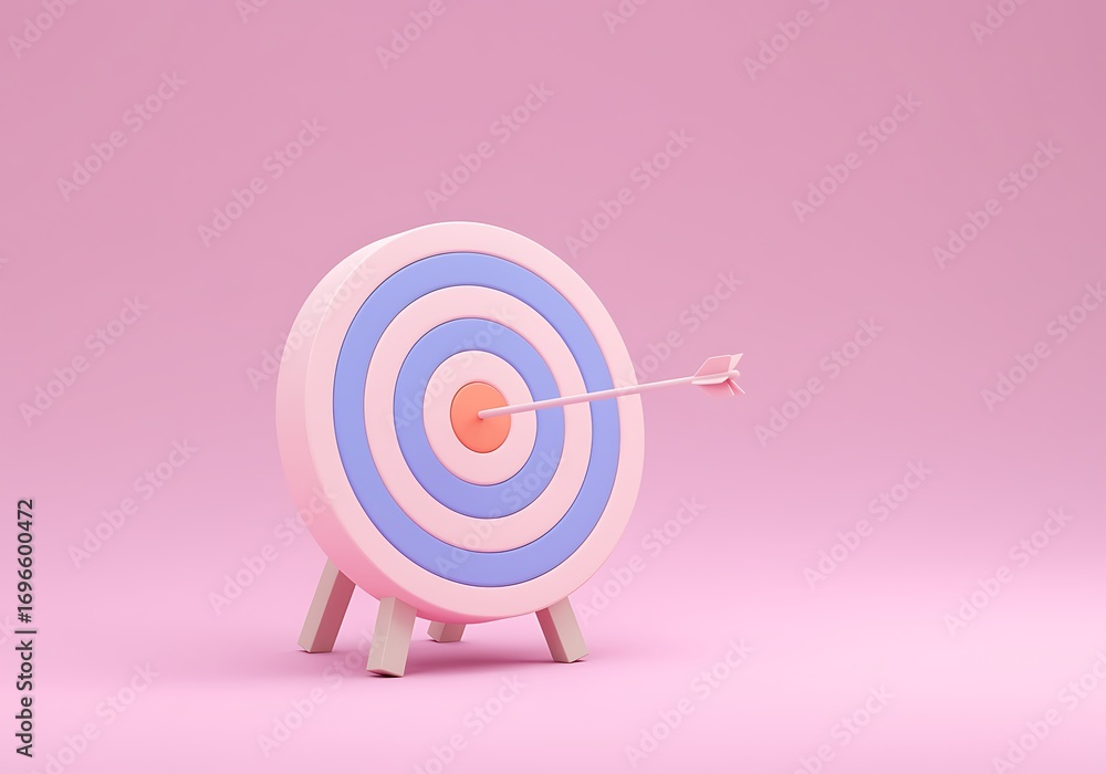 Pink and Blue Dartboard with Arrow Hitting Bullseye Showing Successful Target Goal Achievement and Precision Pink and Blue Dartboard with Arrow Hitting Bullseye Showing Successful Target Goal Achievement and Precision