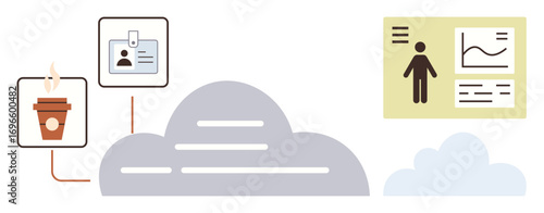 Coffee cup, ID badge, and analytics dashboard connected to clouds symbolize collaboration, data sharing, and productivity. Ideal for teamwork, technology, automation, networking workflow remote