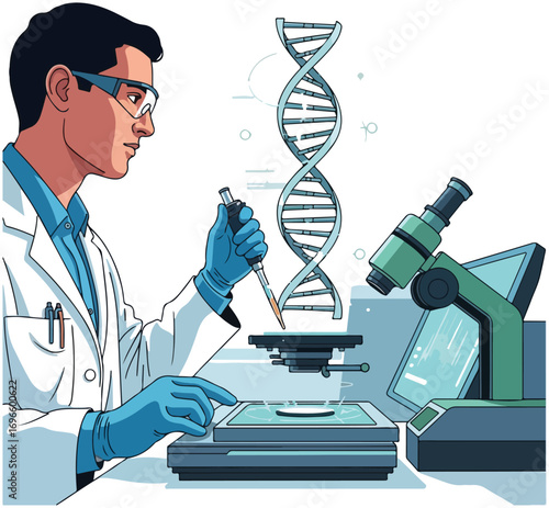 Scientist in a lab coat working with DNA, microscope, and pipette, conducting research.