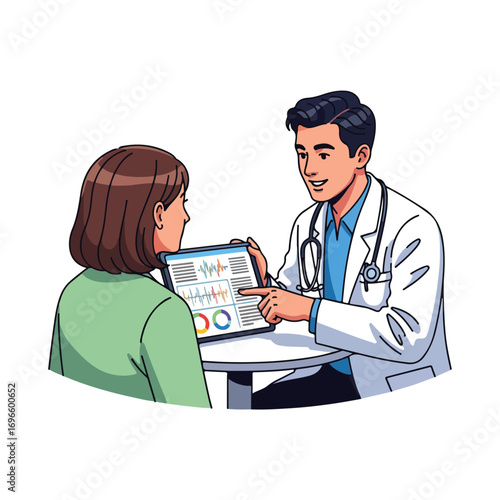 A doctor explaining medical data on a tablet to a patient during a consultation.