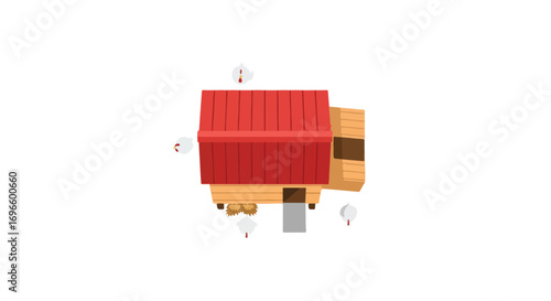 Aerial cartoon illustration of a quaint wooden chicken coop with red roof and roaming chicks against a white background