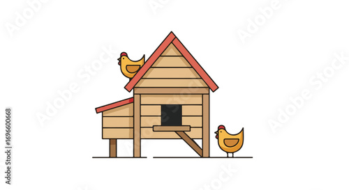 Minimalist Cartoon Illustration of Chickens Around a Wooden Chicken Coop on a White Background showcasing poultry farming elements and cute design