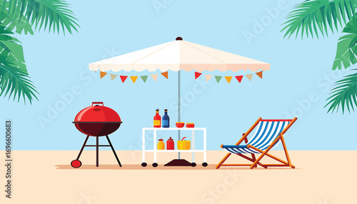 Beach BBQ Party Grill, Umbrella, Deck Chair, and Coastal Celebration