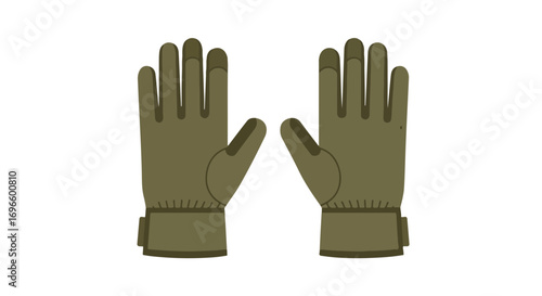 Isolated illustration showcasing a pair of khaki-colored tech-friendly gloves against a pristine white background demonstrating modern protective gear