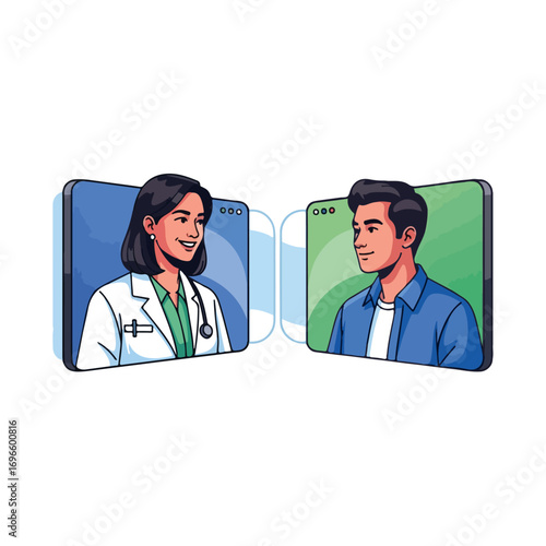 Illustration of a female doctor providing a virtual medical consultation to a male patient via telemedicine on smartphone screens.