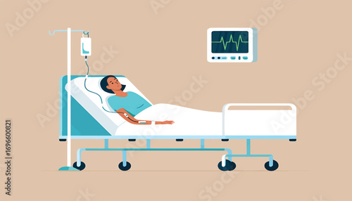 Illustration of a person in a hospital bed receiving medical treatment with an IV drip and monitoring equipment