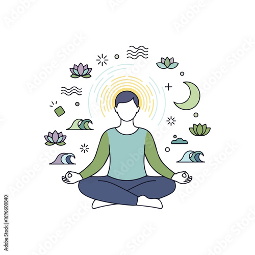 A person meditating in a lotus position, surrounded by spiritual symbols and elements.