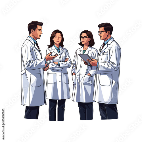 Four medical professionals in discussion, wearing white lab coats, engaged in a collaborative conversation.