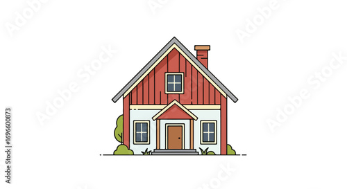 Charming Red and White House Illustration with a Chimney and Surrounded by Lush Greenery Representing Homeownership and Serene Suburban Living