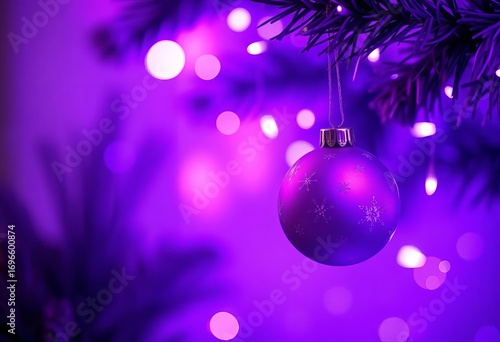 Soft, diffused purple light from Christmas ornaments casts a hazy glow, decoration lights, purple christmas