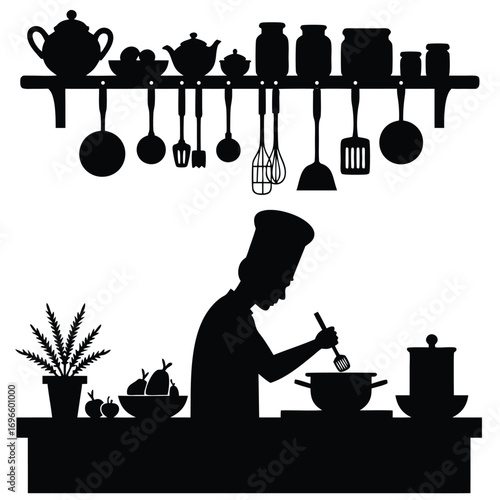 Chef silhouette stirring pot with whisk in kitchen with fruit bowl