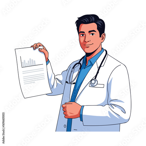 A male doctor in a white coat holds up a medical chart.