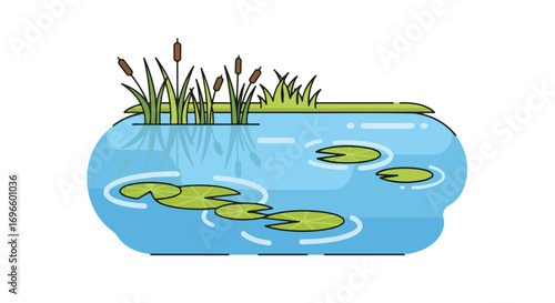 Serene pond illustration displaying lily pads and reed stalks with a stylized naturalistic vector design capturing a sense of tranquility