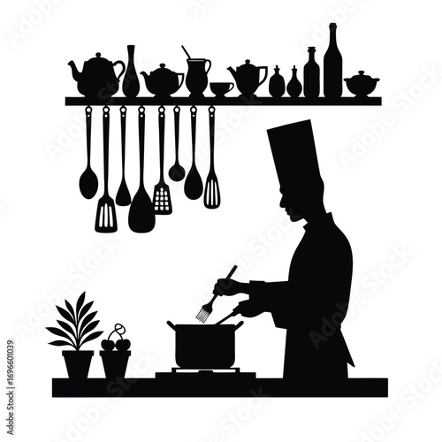 Chef silhouette using fork and spoon to cook Keywords: chef, silhouette, cooking, kitchen, chef