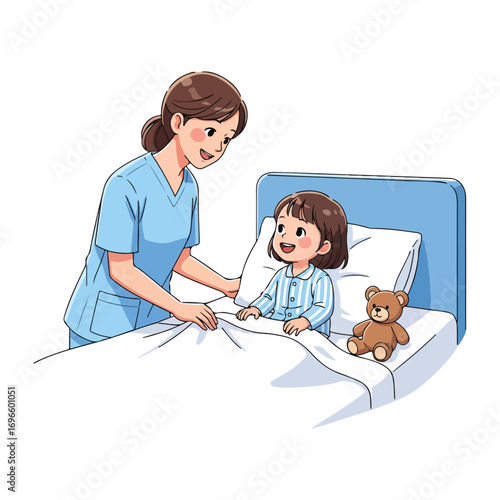A nurse is tucking a young girl into bed, with a teddy bear beside her.