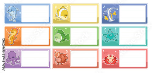 Collection Of Nine Colorful Cartoon Labels Featuring Various Sea Creatures In Different Colors