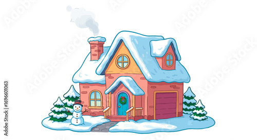 Winter house snowy scene cartoon christmas holiday season illustration landscape cute home sweet home on transparent background