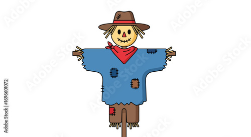 Delightful Cartoon Scarecrow Character with Patchwork and Rustic Charm for Autumn Illustrations
