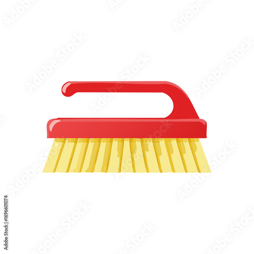 Red scrub brush with yellow bristles for cleaning and household chores