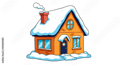Winter house snow covered roof chimney cartoon illustration cozy home seasonal holiday graphic design on transparent background