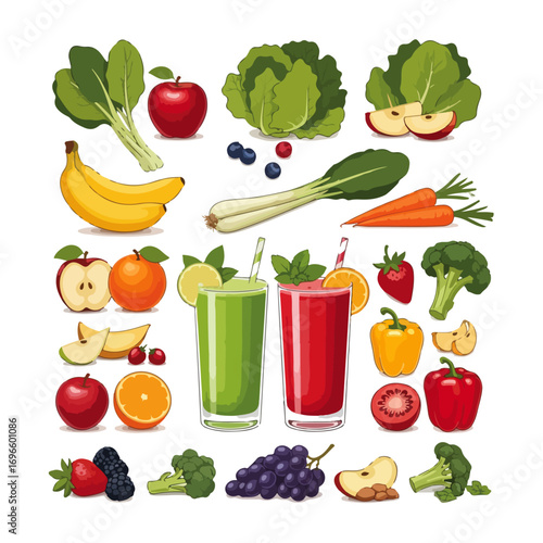 A vibrant collection of fresh fruits, vegetables, and healthy smoothies isolated on a white background.
