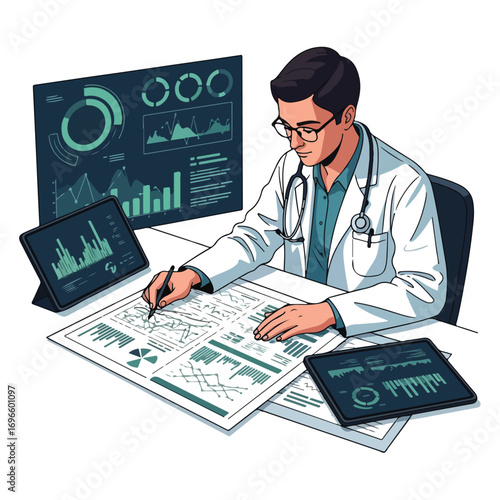 Doctor reviewing medical data on charts and graphs.