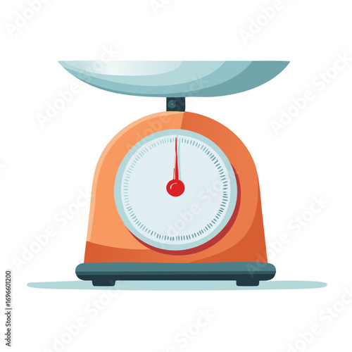 Orange kitchen scales illustration for weighing food and ingredients, flat design measurement tool with a weighing pan and red pointer