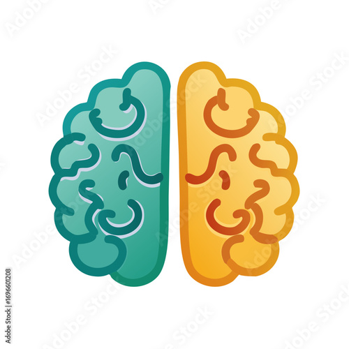 Abstract illustration of human brain hemispheres one teal the other orange