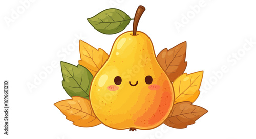 Cute pear fruit autumn season leaves illustration kawaii design food healthy sweet diet graphic art on transparent background