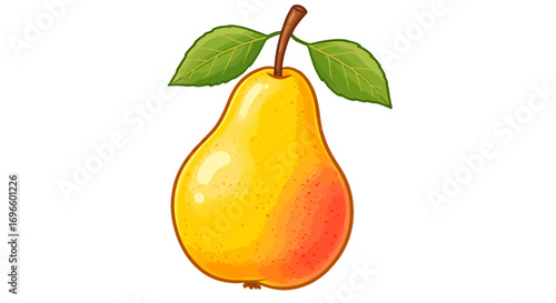 Yellow red pear fruit illustration with green leaves healthy food sweet juicy fresh organic delicious on transparent background
