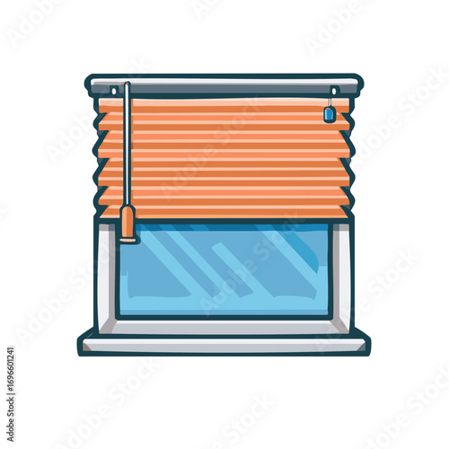 Cartoon Window with Orange Pleated Blinds and Blue Glass Vector Illustration