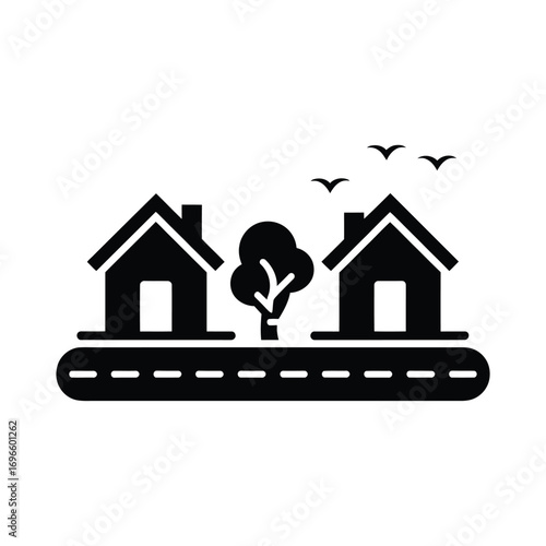 Simple icon of two houses and a tree on a street