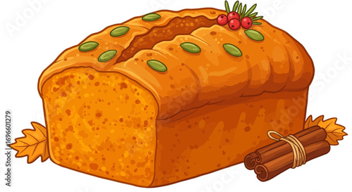 Delicious autumn loaf cake with cinnamon sticks and pumpkin seeds for thanksgiving celebration food art on transparent background