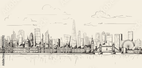 London skyline in sketch drawing style on a soft brown background. Vector illustration