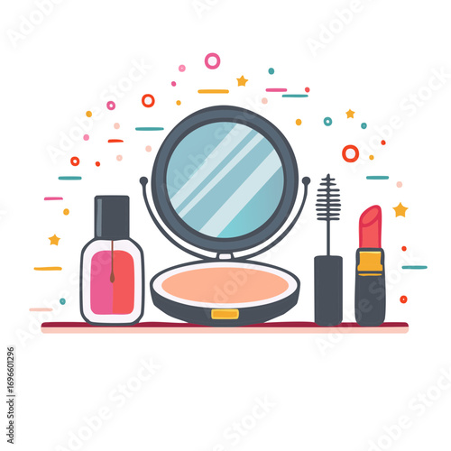 Vibrant flat design beauty product essentials featuring a compact mirror face powder lipstick mascara and nail polish