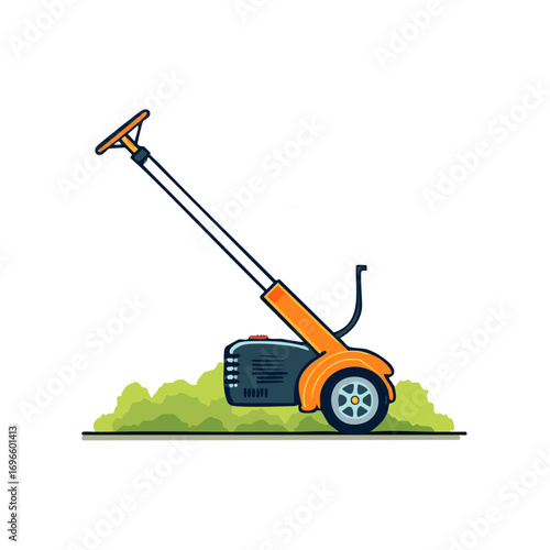 Cartoon Lawn Edger on Green Grass, Lawn Care Equipment, Garden Tool Illustration